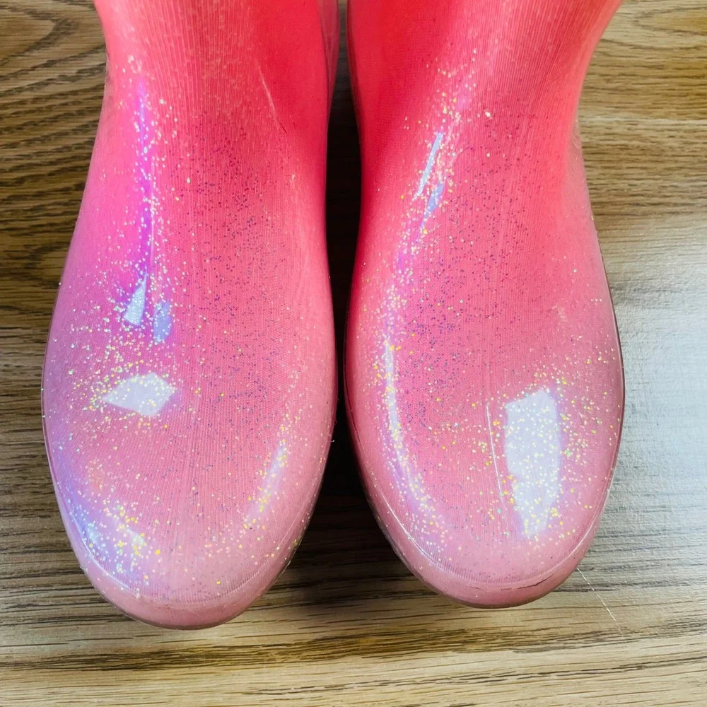 Kids Ombre Glitter Rain Boots Pink Orange Rainbow‎ Size 3 Tall Waterproof Play